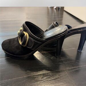 Coach Black Suede Slip-On Heeled Mule with Gold Buckle